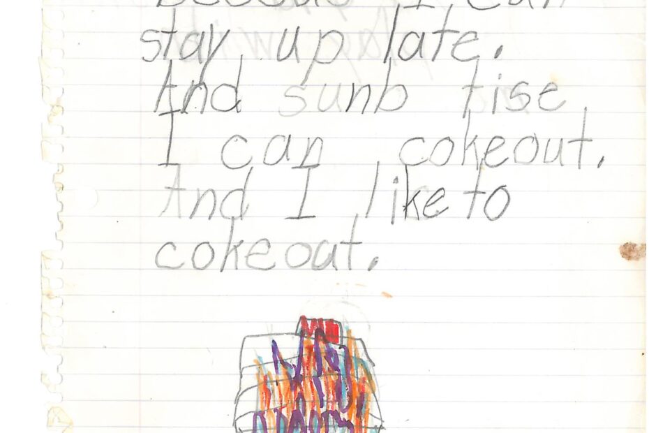 child drawing of fire says I like Friday beecus I can stay up late. And sunb tise I can cokeout. And I like to cokeout.